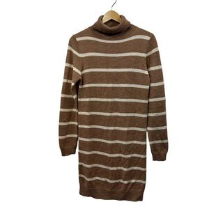 Brave Soul London Tan Striped Knit Turtleneck Sweater Dress, Medium